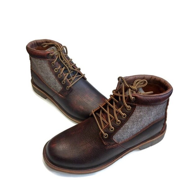 OluKai Men\'s Dark Brown Leather and Tan Fabric Boots main image 2